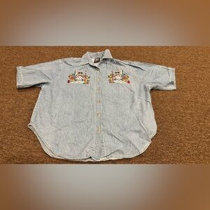 Quizz New York Woman L Blue Denim Shirt SS button up Valentine Embroider